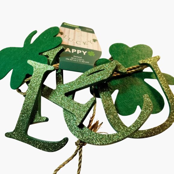 Lucky St Patricks Day Garland 38 In Green Glitter Shamrocks Luck of Irish - Picture 5 of 12